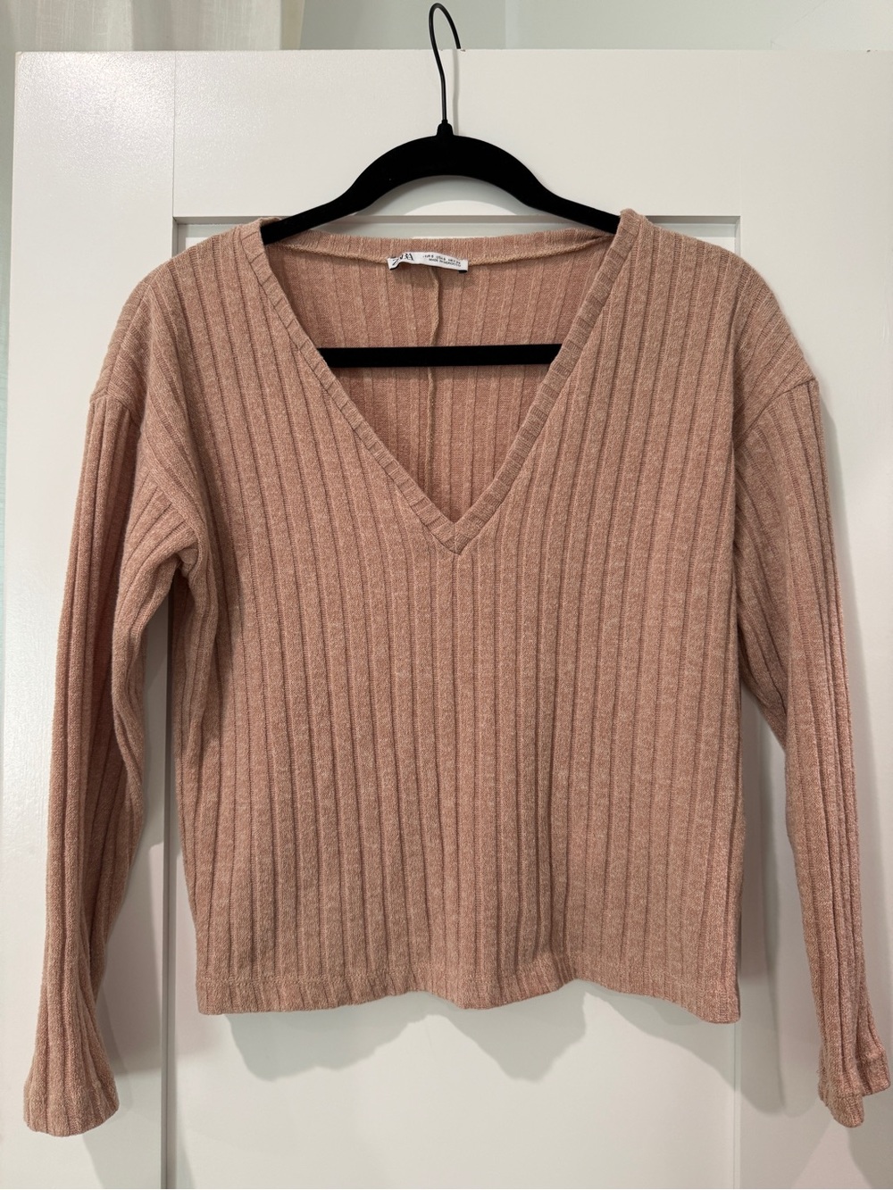 Zara Ribbed V-Neck Women's Sweater - Blush Pink